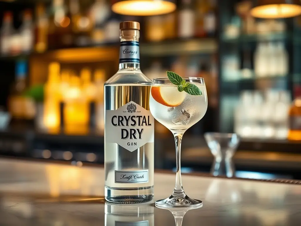 A bottle of Explorers Gin on a bar counter, garnished with juniper berries and a slice of lime, showcasing its premium quality and inviting aroma.